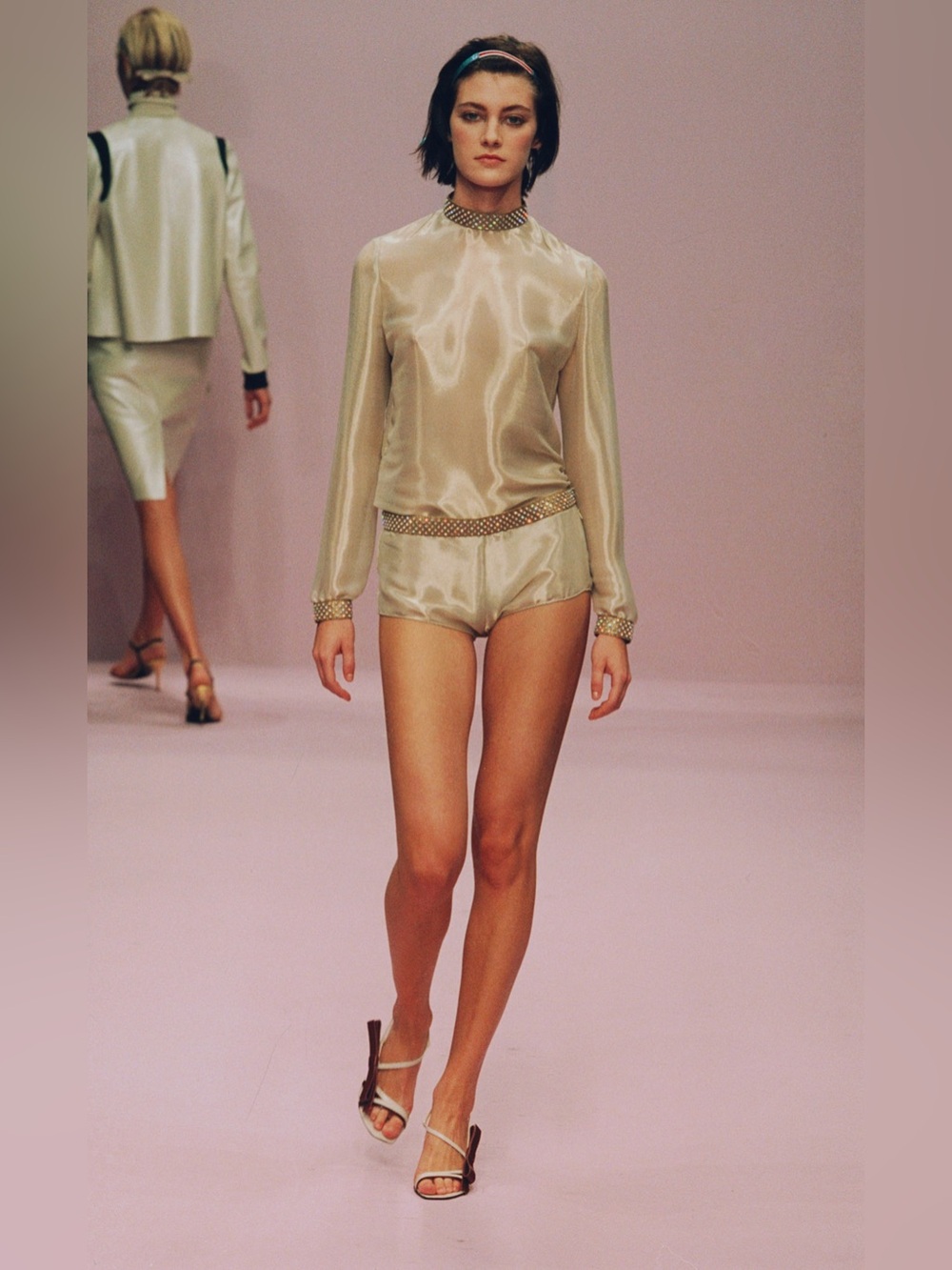 Miu Miu SS 2000 Crystal Embellished Silk Sheer Pencil Skirt Gray Silver Gold - Picture 6 of 14
